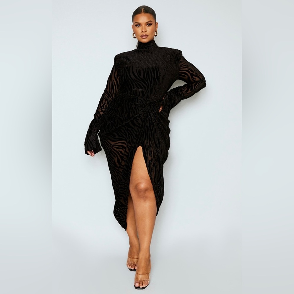 PLUS Black Zebra Devore High Neck Draped Midi Dress